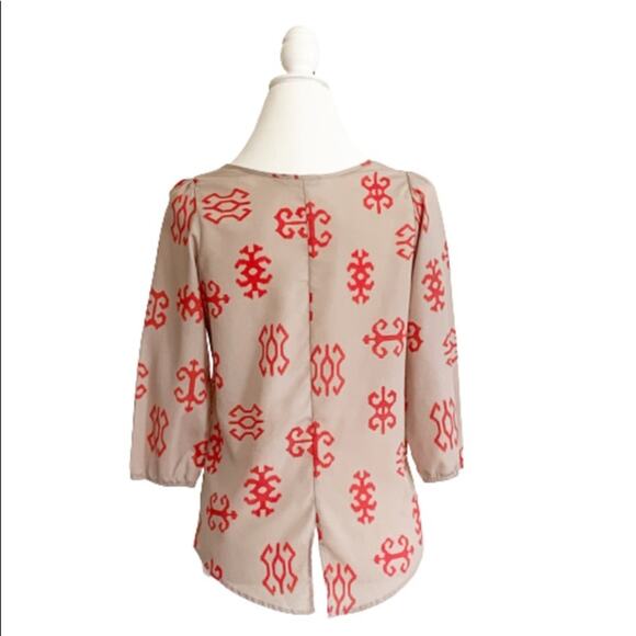 Gianni Bini Blouse Taupe Orange Tangerine Print Blouse Top Size Medium - Picture 3 of 9